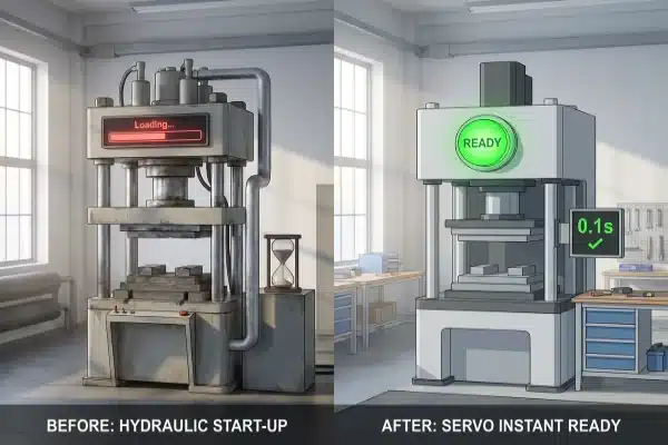 Side-by-side comparison of instant servo startup versus slow hydraulic machine oil warmup (ID#3)