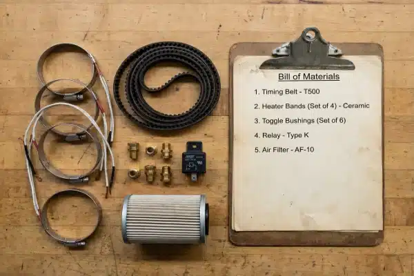 Detailed spare parts list on a clipboard