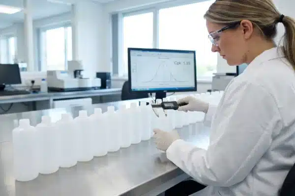 Quality control inspector verifying bottle dimensions and Cpk stability in the lab (ID#5)
