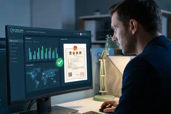 Manager verifying Chinese business license and export data on a computer screen (ID#2)