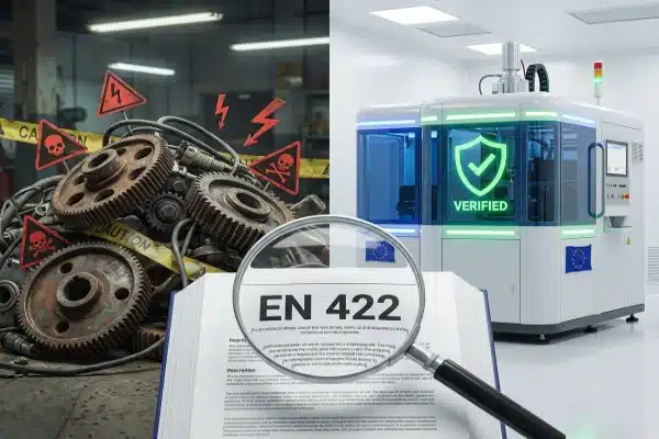 Inspector checking CE documents on a blow molding machine