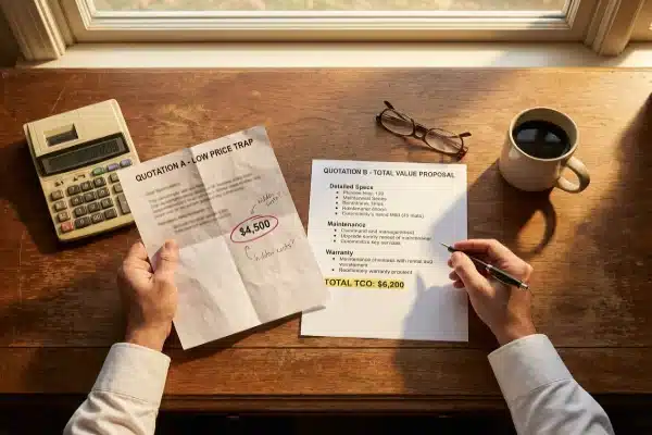 Business owner analyzing total cost of ownership versus low price equipment quotations (ID#4)