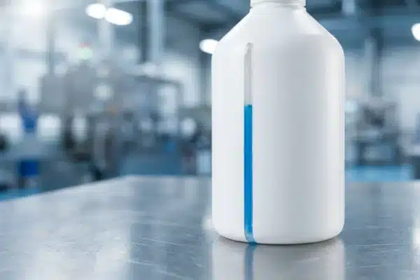 A high-precision white HDPE bottle with a clear vertical view stripe for liquid level monitoring, showcasing the co-extrusion output of an all-electric blow molding machine.