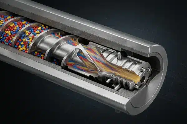 Technical cross-section of electric blow molding machine barrier screw and bimetallic barrel (ID#2)