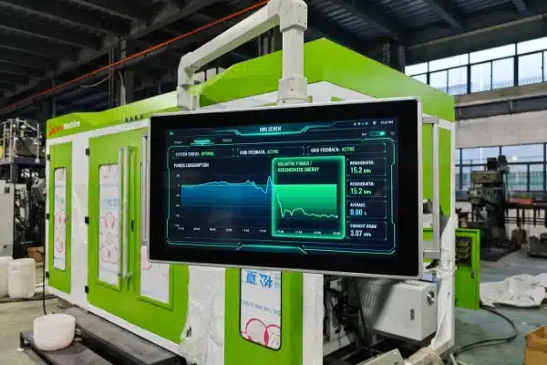All-electric blow molding machine HMI showing energy feedback for HS code 8477.30 classification (ID#1)