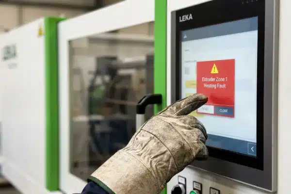 English HMI Alarm Interface Localized English HMI alarm interface on an all-electric blow molding machine touchscreen (ID#4)