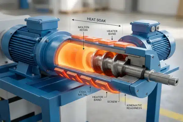 Extruder barrel heat-soak process for an all-electric blow molding machine restart procedure (ID#1)