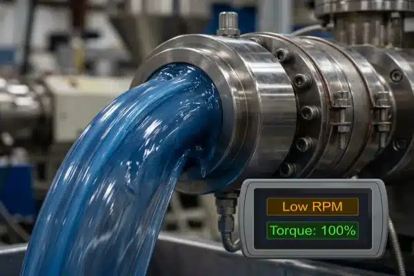 Close-up of high-viscosity plastic parison extrusion under high motor torque (ID#4)