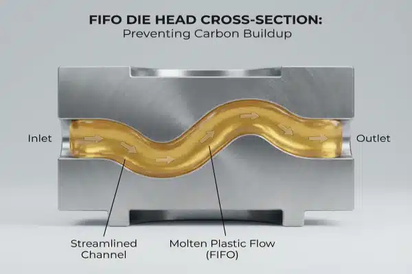 Surface defect prevention FIFO die head with smooth coated internal channels (ID#3)