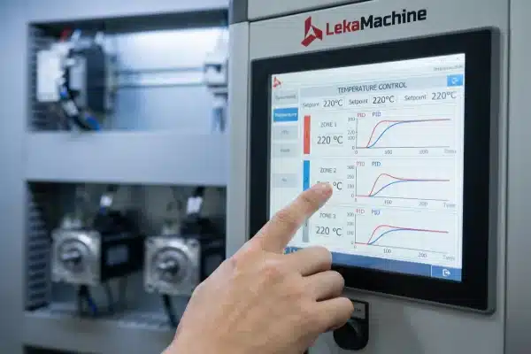 Modern Machine HMI Interface Operator using an HMI touchscreen to monitor temperature control on a blow molding machine (ID#4)