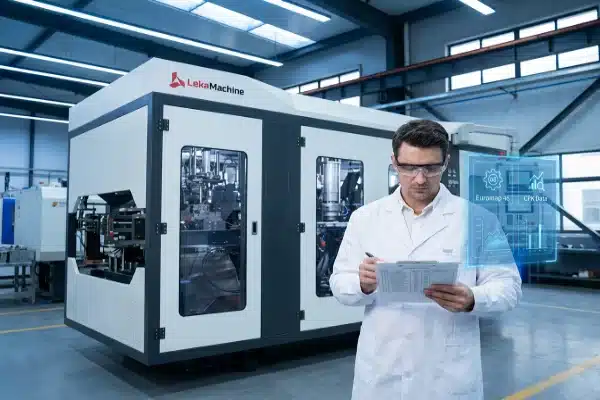 LEKA Machine engineer reviewing an all-electric blow molding machine trial run report featuring CPK data and Euromap 46 energy efficiency metrics in a high-tech manufacturing facility.
