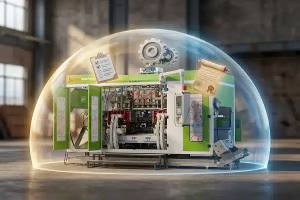 all-electric-blow-molding-machine-reliability-and-supply-chain-audit A 3D creative illustration of an all-electric blow molding machine protected by a glowing shield with checklist, gear, and contract icons representing reliability and quality assurance in industrial manufacturing.