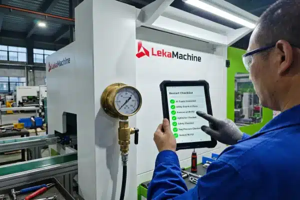 Safety checklist for blow molding machine restart including pneumatic pressure and manual jog tests (ID#3)