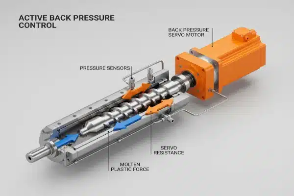 3D schematic of servo motor controlling back pressure in electric blow molding (ID#4)