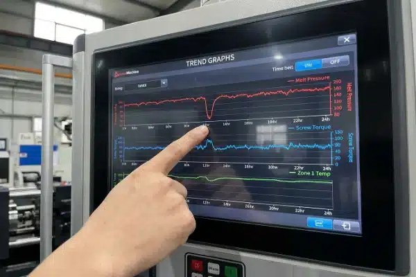 Real-time HMI Layer Visualization HMI screen displaying real-time layer distribution and melt pressure for co-extrusion quality control (ID#5)
