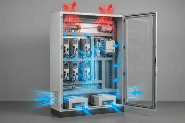 Electrical cabinet with reserved space and thermal management for future servo drive additions. (ID#3)