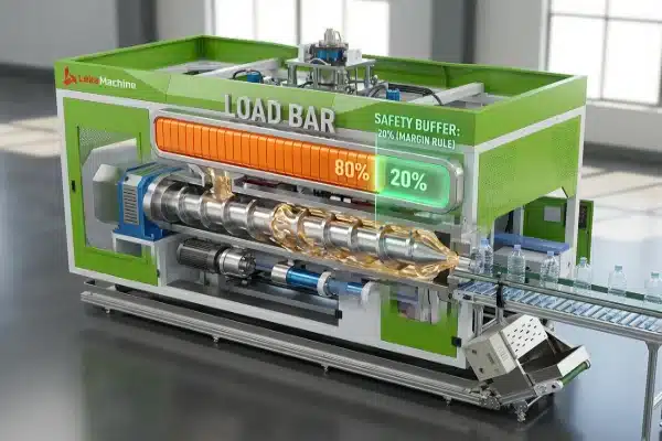 Conceptual 3D isometric visualization of an all-electric blow molding machine extruder unit, featuring a graphical load bar showing 80% capacity and a 20% green safety buffer zone.