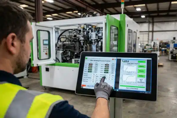 How should I inquire about the integration solution for the leak detection unit when purchasing an all-electric extrusion blow molding machine?