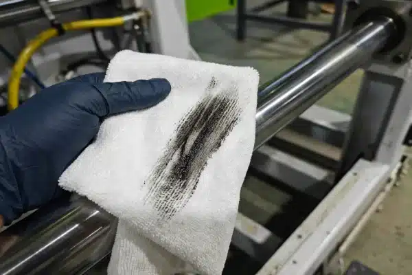 Technician inspecting blow molding machine linear guide rails for smooth motion and durability (ID#1)