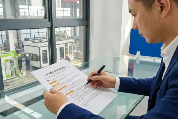 Business owner auditing a supplier service contract for emergency breakdown response protocols (ID#1)