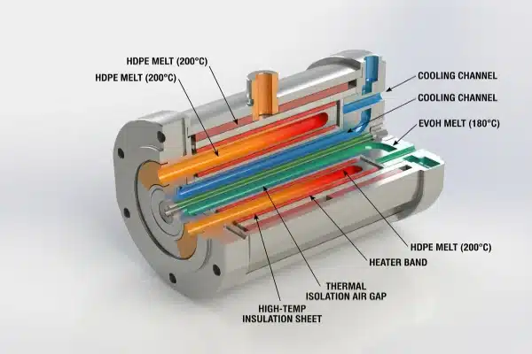 Die Head Thermal Isolation Co-extrusion die head diagram showing thermal isolation to prevent layer instability and delamination (ID#4)