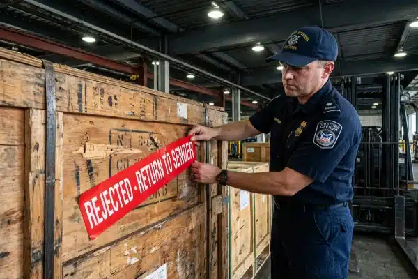 Export Packaging Rejection Customs officer rejecting a wooden crate due to non-compliant export packaging (ID#4)