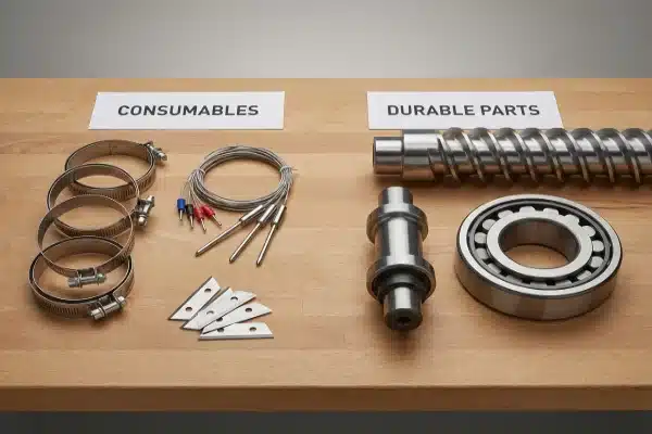 Machine Spare Parts Comparison Distinguishing between consumable and durable spare parts for extrusion blow molding machines (ID#5)