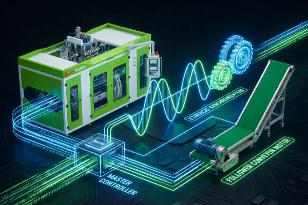 Master-follower synchronization system for extrusion blow molding machine scrap conveyor belts (ID#3)