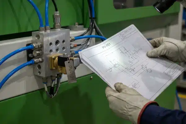 Verifying Machine Schematic Labels Verifying pneumatic schematic labels match physical tags during blow molding machine FAT inspection (ID#5)