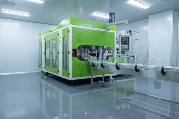 leka-all-electric-blow-molding-machine-clean-room-production-line LEKA all-electric blow molding machine operating on a high-speed production line within a clean-room facility, demonstrating successful installation and efficient bottle manufacturing.