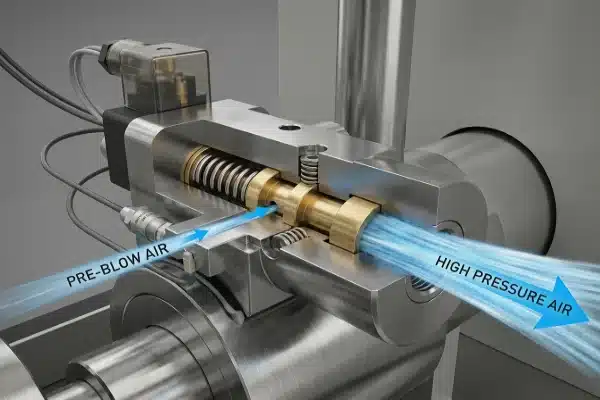 Proportional Valve Airflow Visualization Cross-section of a proportional valve system for multi-stage blow molding pressure control (ID#2)