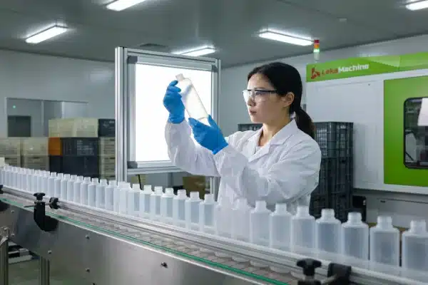 Production Quality Control Inspection QC inspector verifying plastic bottle wall thickness and molding quality (ID#5)