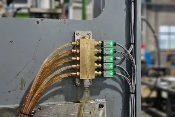 Central lubrication distribution block with automatic flow sensors for bearing protection (ID#4)