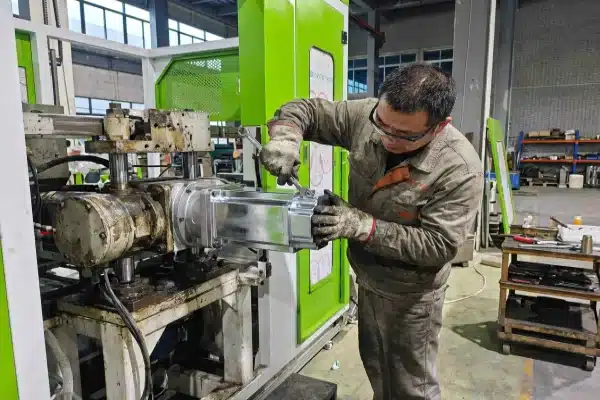 Engineer installing a retrofit kit to upgrade an existing all-electric extrusion blow molding machine. (ID#5)