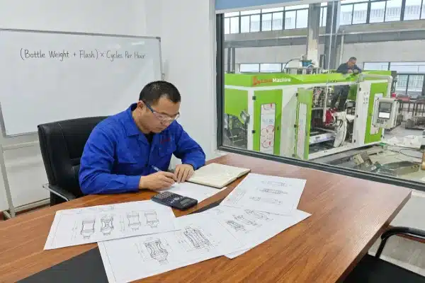 Engineer calculating plasticizing capacity for an all-electric blow molding machine (ID#2)