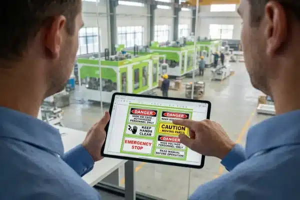 Reviewing OSHA Safety Labels Project manager reviewing OSHA compliant English safety label proofs for blow molding equipment (ID#3)