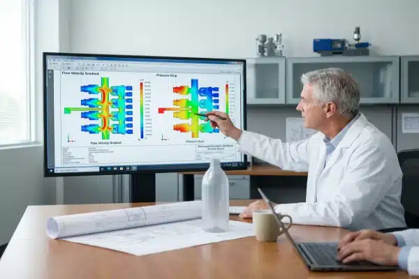 Engineer analyzing a rheological simulation report for multi-cavity blow molding mold balance (ID#1)