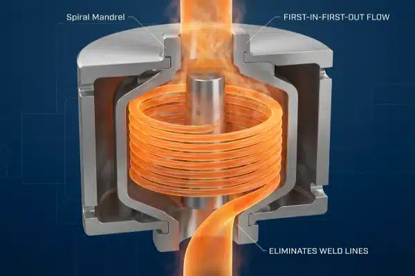 Spiral mandrel die head showing internal FIFO flow channels (ID#1)