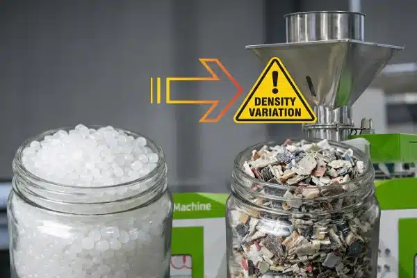 Comparison of virgin HDPE pellets and regrind flakes for material density verification (ID#3)