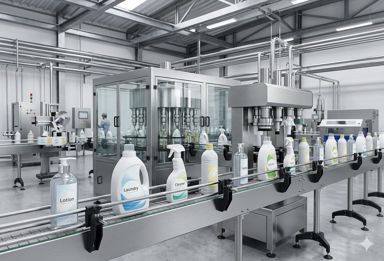 Daily chemical bottle filling and capping line with plastic bottles on conveyor in a modern factory