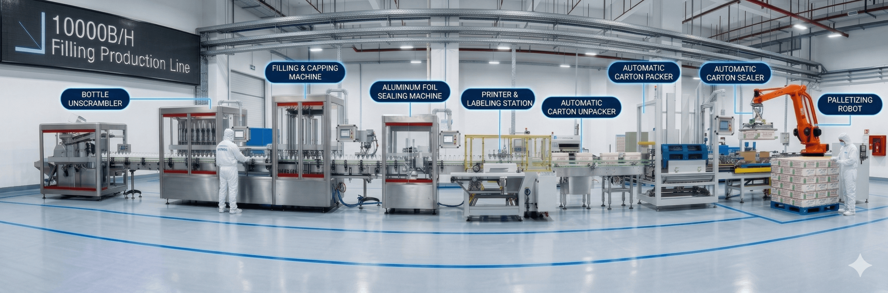 Bottle filling production line for liquid packaging