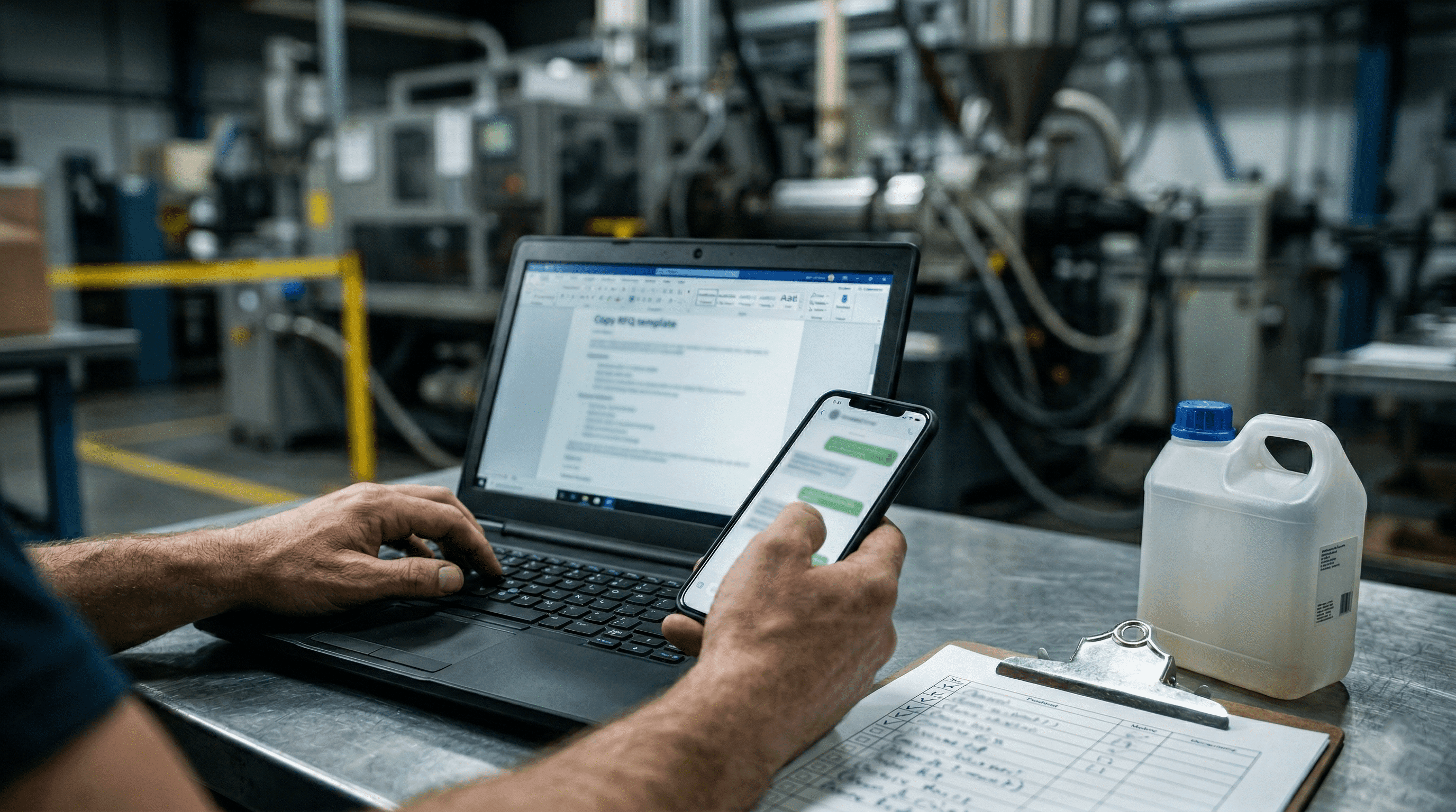 RFQ configuration workflow illustration for specifying container, output and material for an EBM line
