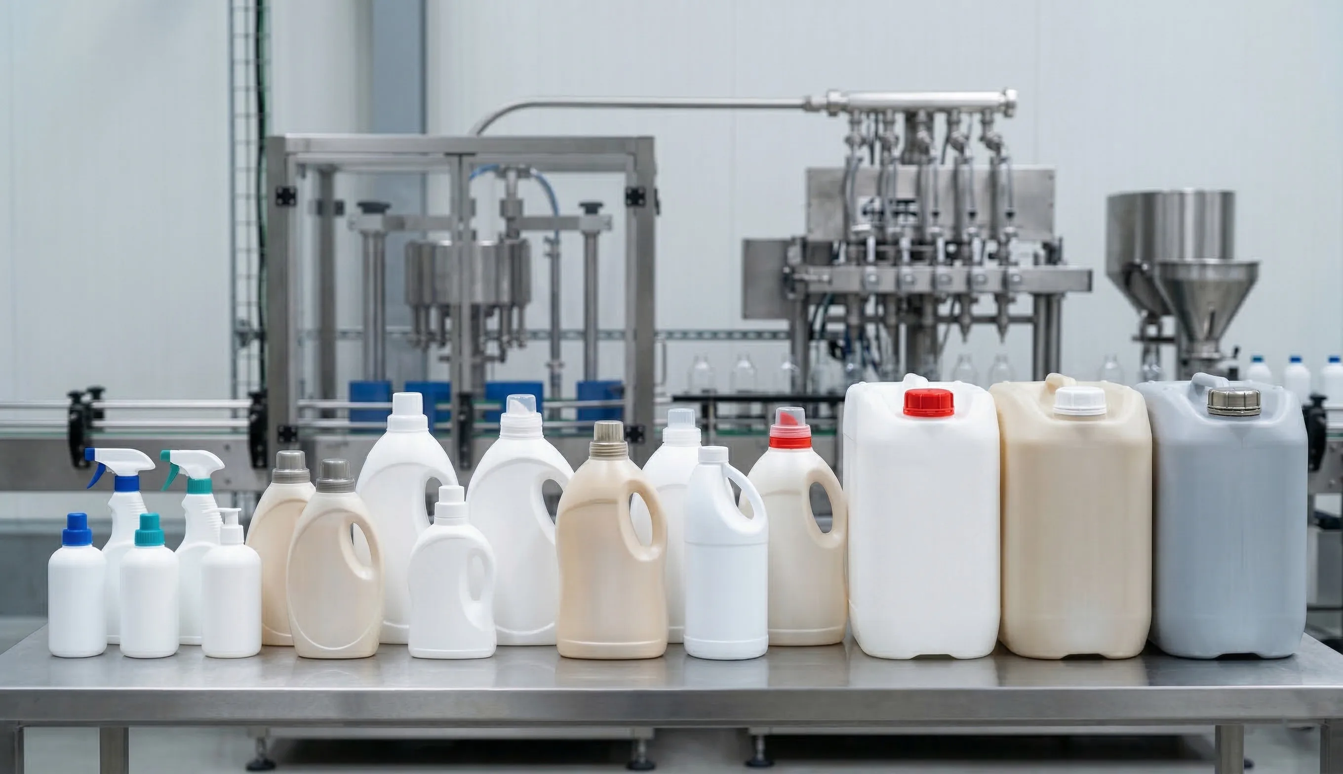 HDPE bottles and jerrycans for bleach, chemical, and detergent filling applications