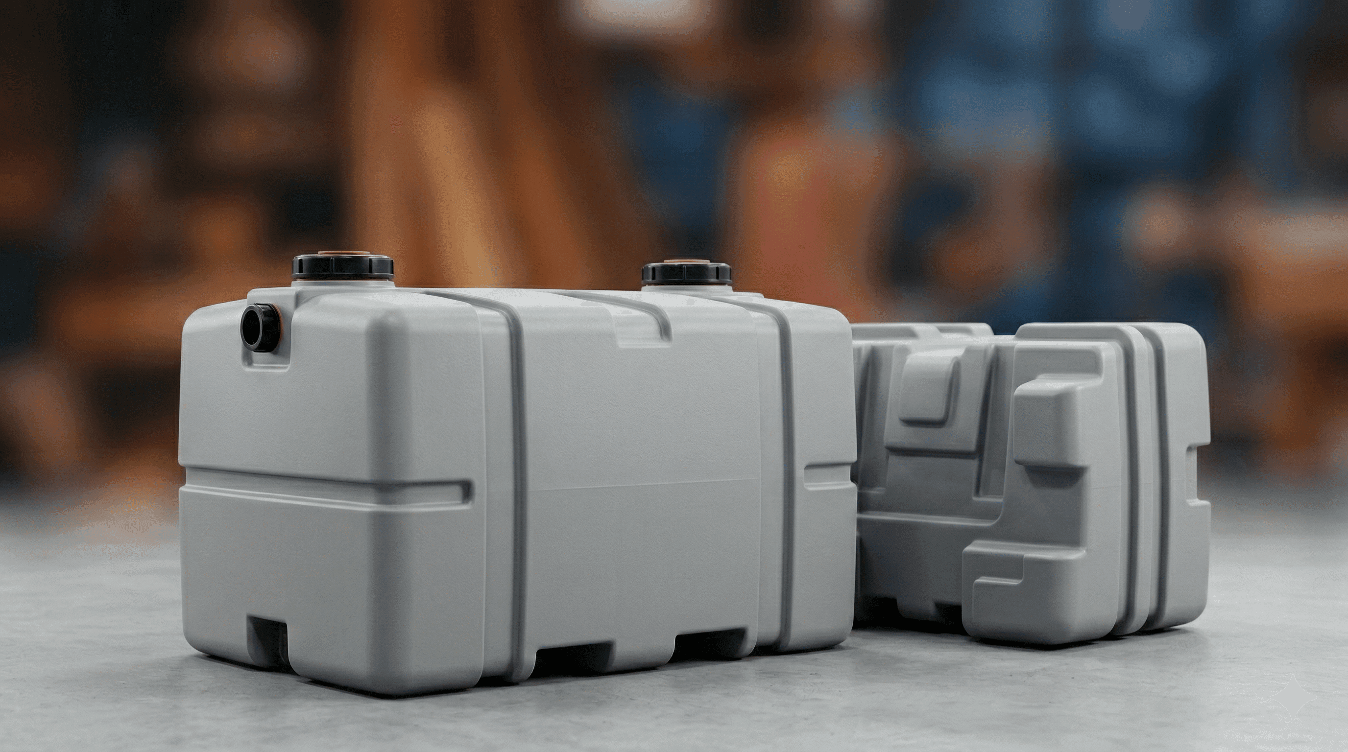 Large blow molded parts and HDPE tanks made using accumulator head extrusion blow molding