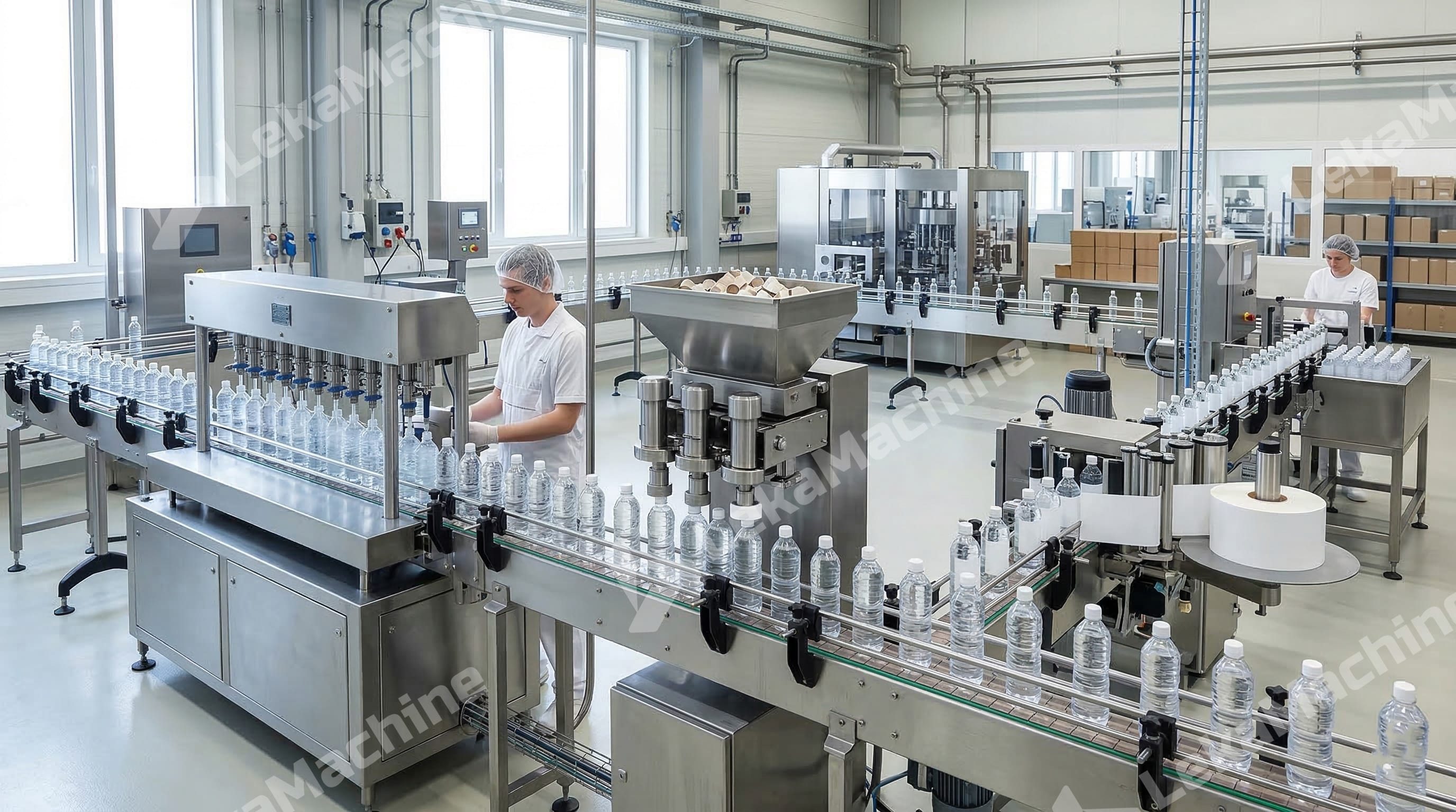 Automated liquid filling and packaging line with capping and labeling integration