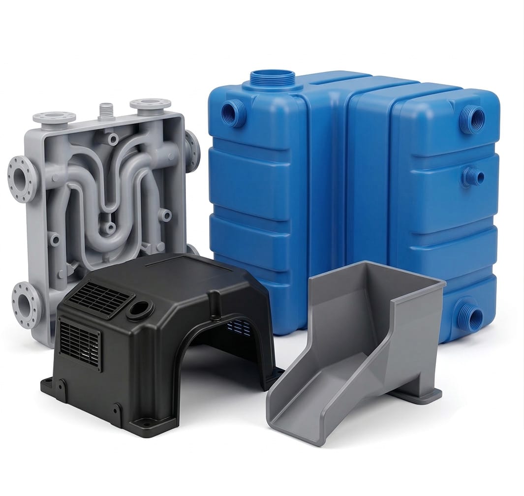 Blow molded plastic tank components for large-volume industrial hollow products