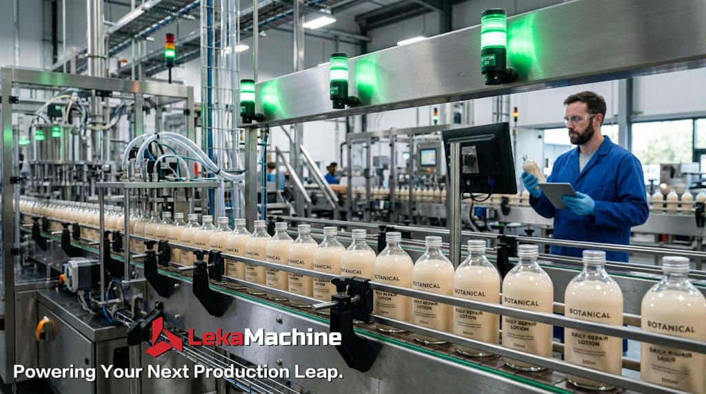 Automatic lotion bottle filling line with operator inspection in a modern factory