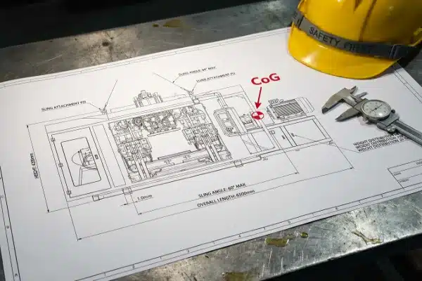 Detailed center of gravity and slinging diagram for safe machine lifting and leveling (ID#2)