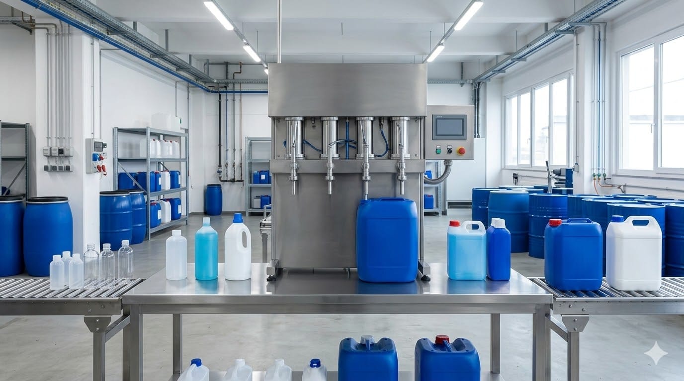 Flexible liquid filling machine for OEM bottles and jerry cans