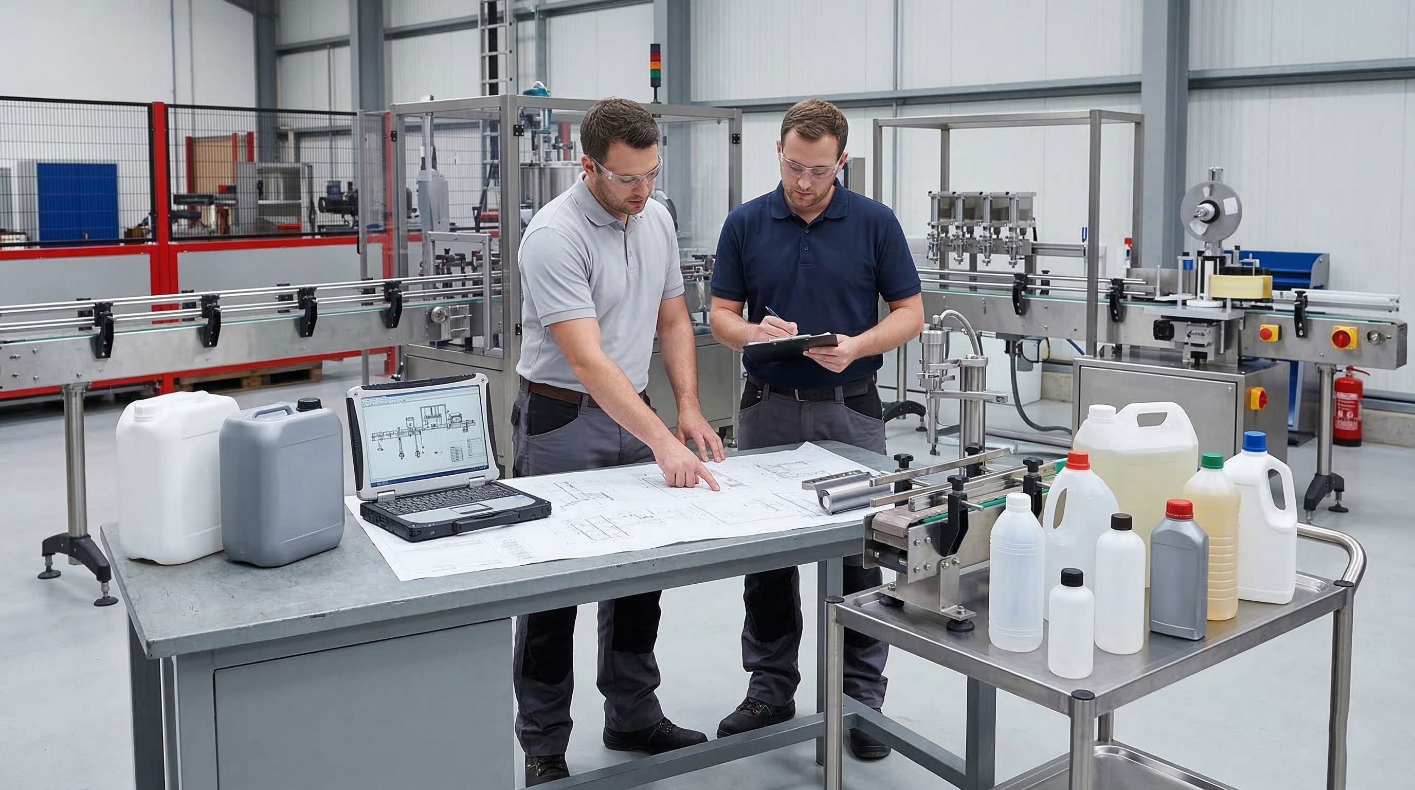 Engineers reviewing packaging line project plans with plastic bottles, jerrycans, and filling equipment in a factory
